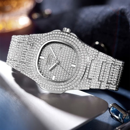 Luxury Mens/Womens Unisex Crystal Watch Bling Iced-Out Watch Oblong