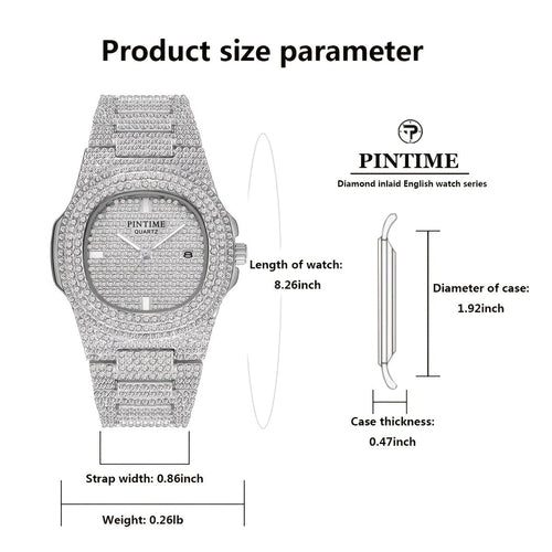 Luxury Mens/Womens Unisex Crystal Watch Bling Iced-Out Watch Oblong