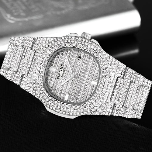 Luxury Mens/Womens Unisex Crystal Watch Bling Iced-Out Watch Oblong